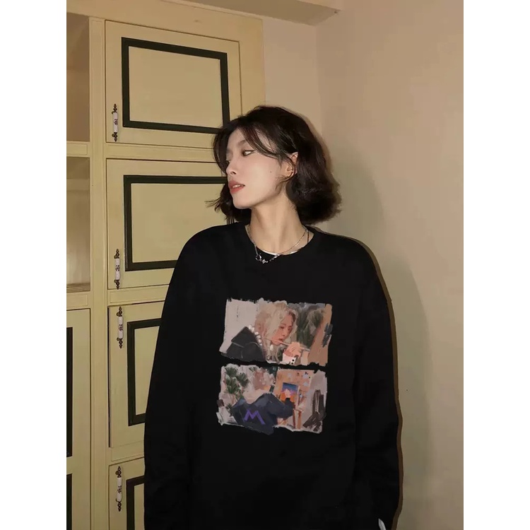 Áo sweater Cổ Tròn In Họa Tiết Phong Cách retro Mỹ
