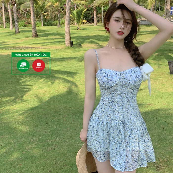 Đầm xòe hoa 2 dây dáng ngắn cúp ngực, Váy hoa 2 dây trẻ trung nữ tính, Váy đi biển dạo phố đẹp