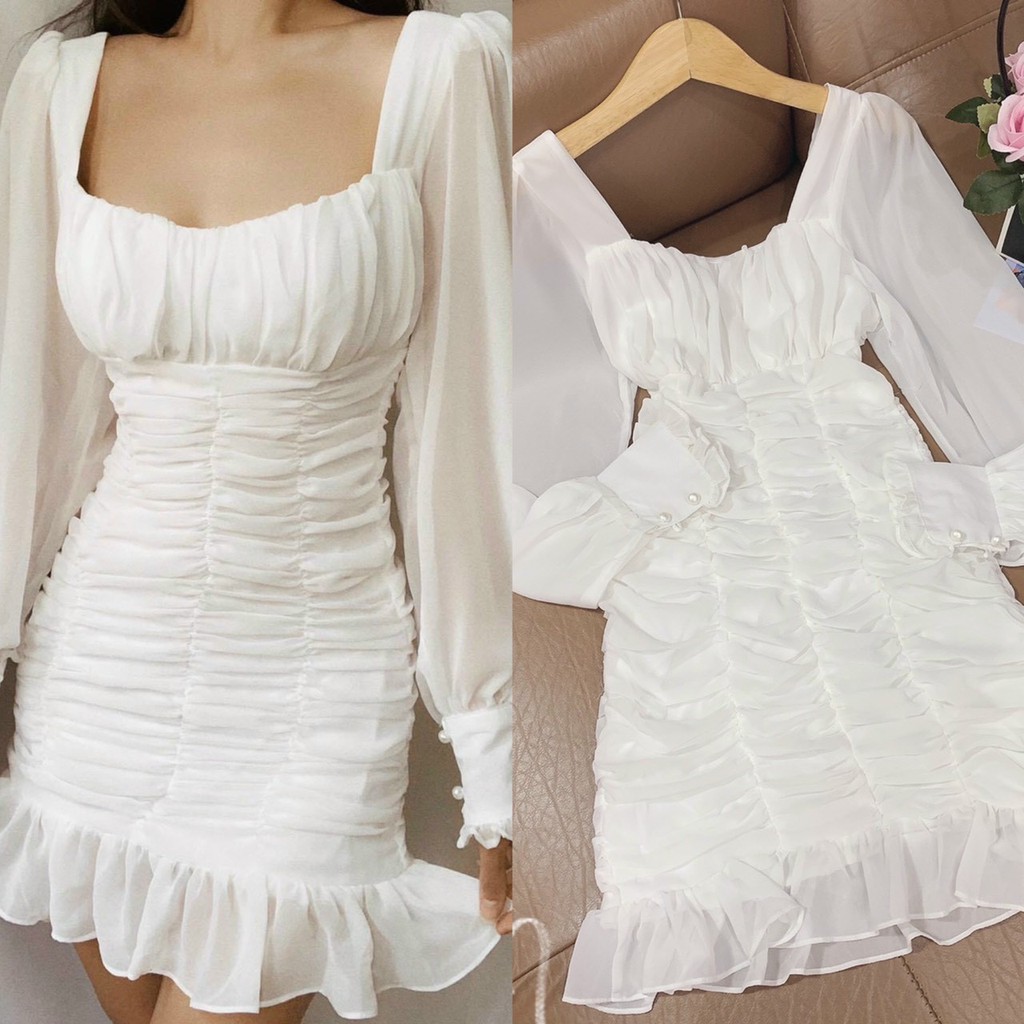Đầm voan / Váy ôm body nhún eo tay bồng màu trắng tôn dáng cực xinh