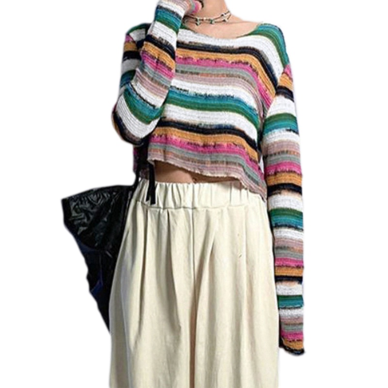 Áo Croptop Tay Dài Phối Vải Lưới Họa Tiết Kẻ Sọc Thời Trang Cho Nữ