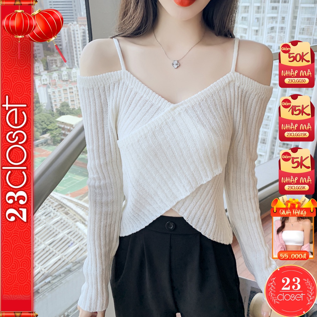 Áo len trễ vai 2 dây chéo vạt chất liệu nhung tăm co giãn tốt kiểu dáng Hàn Quốc 23Closet-ALTT05