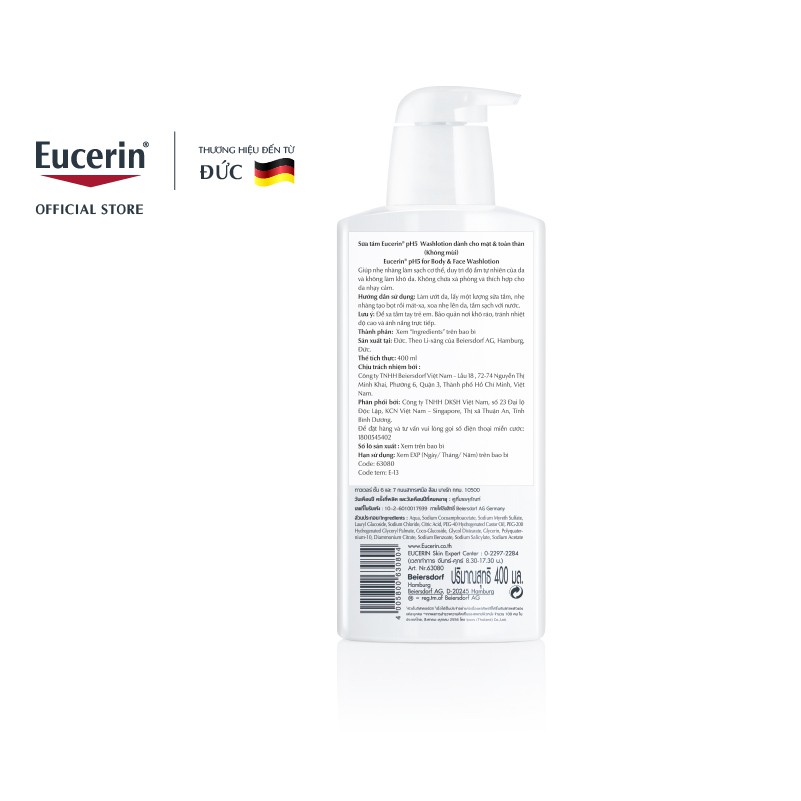 Sữa tắm không mùi cho da cơ thể nhạy cảm Eucerin Sensitive Skin pH5 Washlotion (Perfume-free) 400ml - 63080