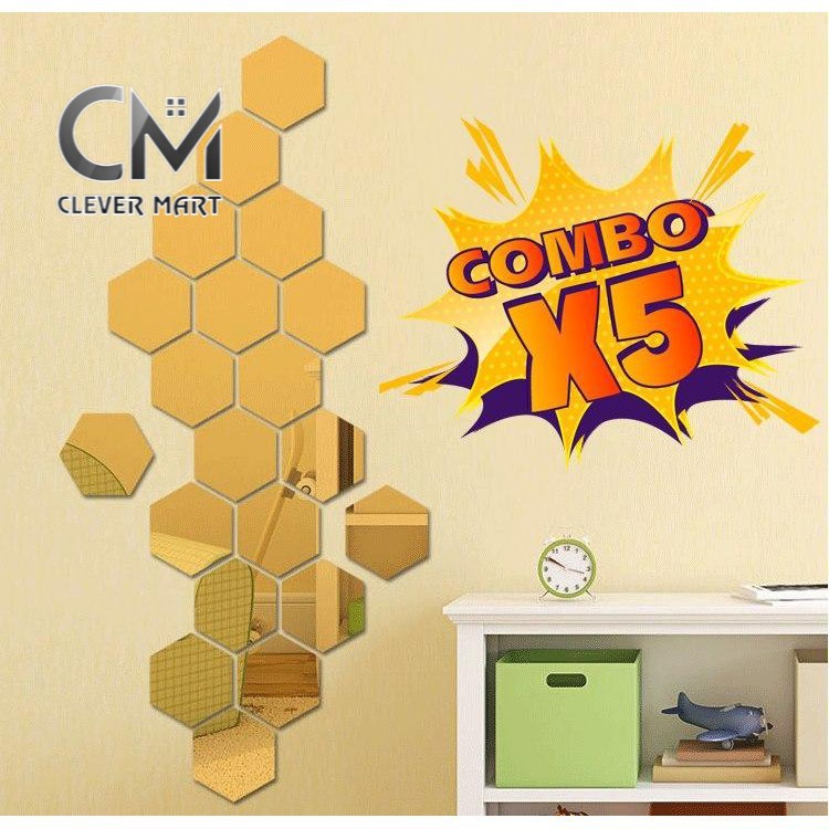 Combo 5 Set 12 Miếng Dán Tường Tráng Gương Hình Lục Giác 4x4 Chống Thấm Nước