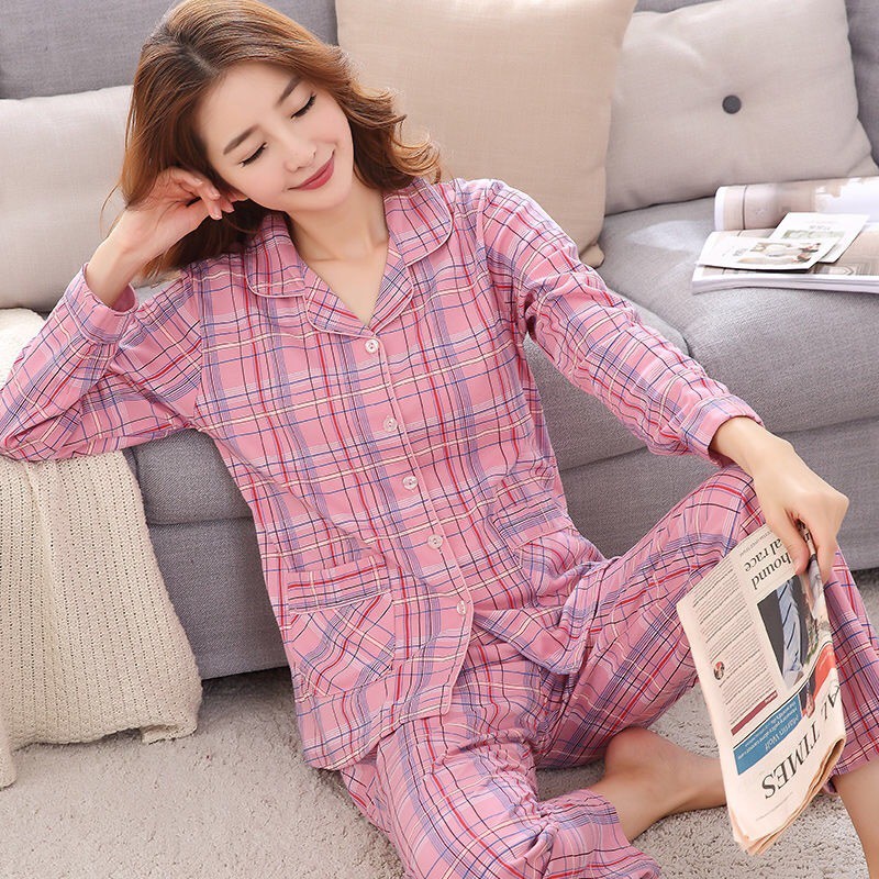 Đồ lót✜Bộ đồ ngủ của bà mẹ trung niên áo len nữ dài tay cotton mùa xuân và thu cộng với size phù hợp người già