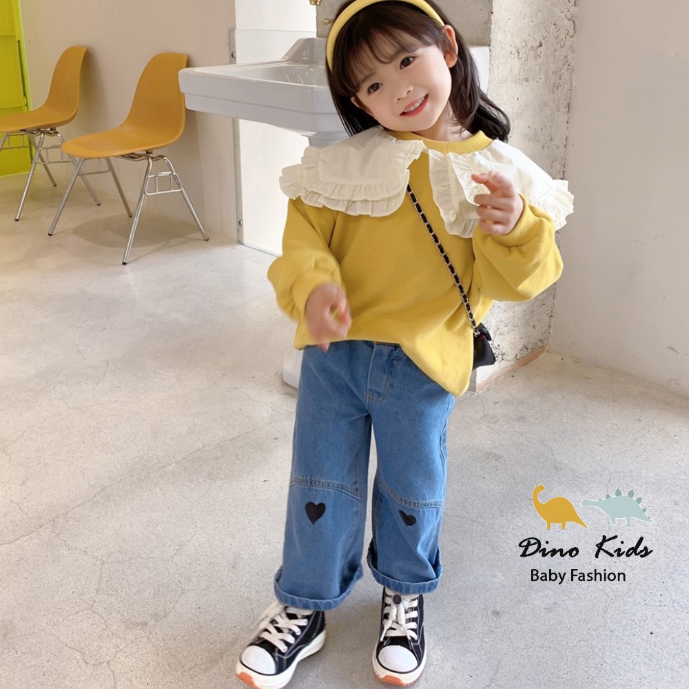 Bộ quần áo vintage bé gái, set áo vàng da cá cổ bèo quần xuông thêu tim cho bé size 12-30kg