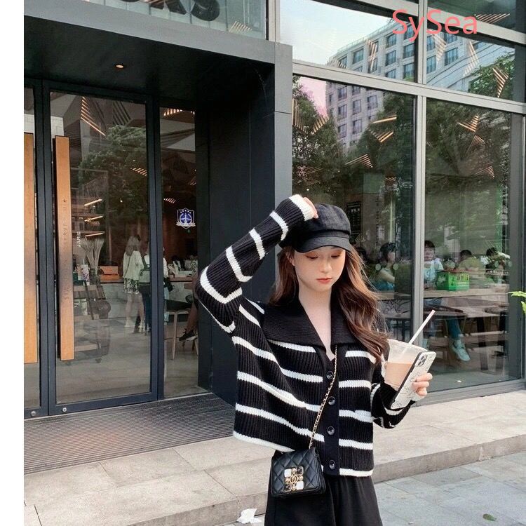 Áo Khoác Cardigan Dệt Kim Tay Dài Hoạ Tiết Kẻ Sọc Phong Cách Retro