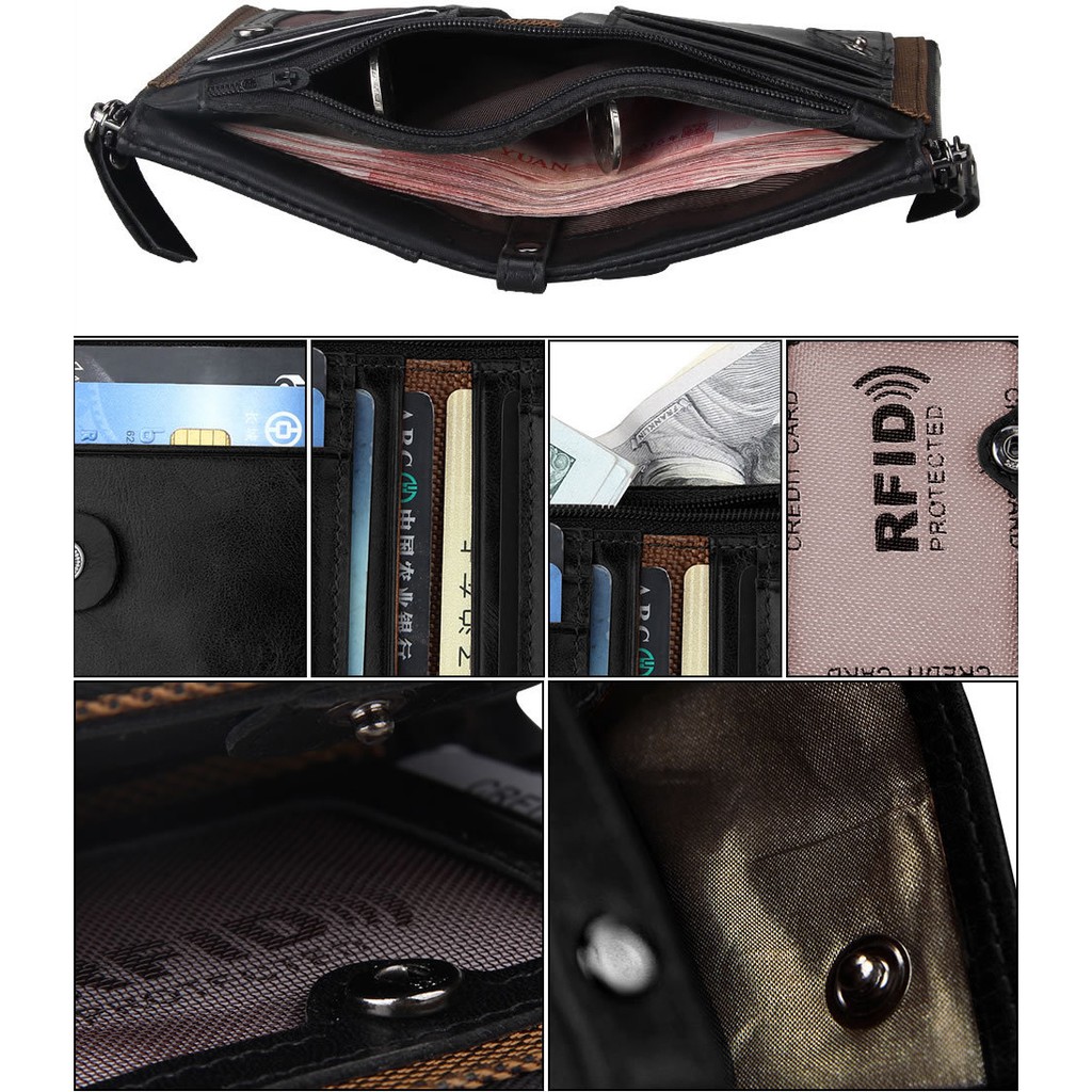 Ví Da Nam Cao Cấp Làm Từ Lớp Da Bò Thật Đầu Tiên Chống RFID Kiểu Dáng Ví Đứng Cầm Tay Nhỏ Gọn Phong Cách Thời Thượng