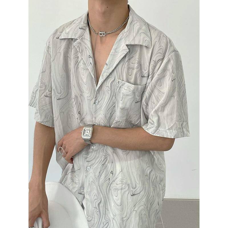 Áo sơ mi phong cách hàn quốc áo sơ mi rời drape sọc cổ áo cuba áo sơ mi nam quần áo sơ mi nam mô hình sóng cổ điển áo sơ mi ngắn tay nam mùa hè nhẹ nhàng phong cách trưởng thành niche phong cách lười biếng drape áo sơ mi giản dị