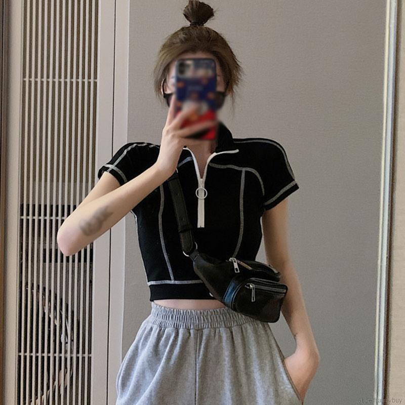 Áo Thun Ngắn Tay Phối Khóa Kéo Phong Cách Hong Kong