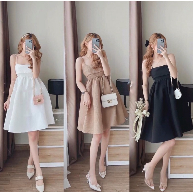 Đầm xoè hai dây babydoll nơ lưng hot hit có nhiều màu chất xốp thái cao cấp