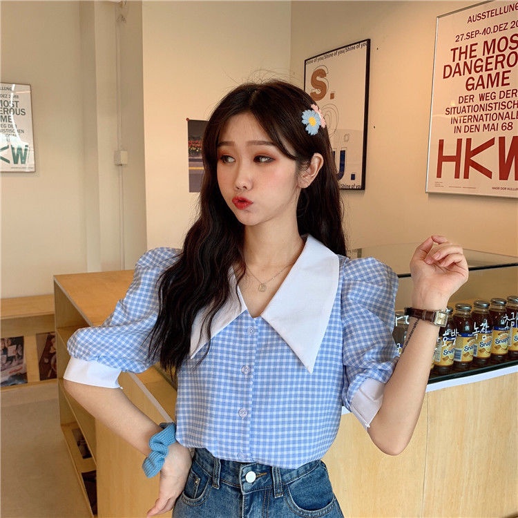 Áo croptop IELGY tay phồng kẻ sọc kiểu retro thời trang cho nữ