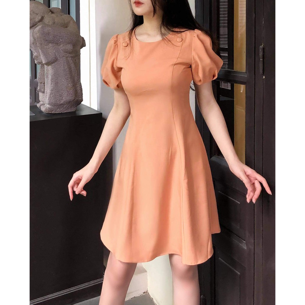 Đầm Váy Thiết Kế Basic Cổ Tròn Dáng Xòe Tay Bồng Phối Cúc Bọc Trẻ Trung Mặc Đi Làm Đi Chơi Đi Tiệc TV01-HTDesign | BigBuy360 - bigbuy360.vn