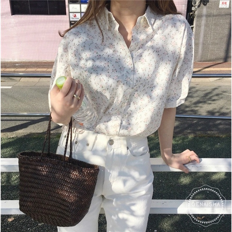 Áo sơ mi tay ngắn cổ bẻ họa tiết hoa đính 1 hàng nút thời trang mùa hè dành cho nữ 201128