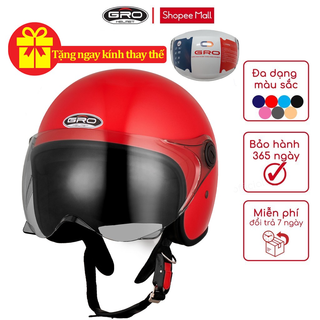 Mũ bảo hiểm 3/4 đầu GRO A3 có kính ngắn nhiều màu ( size: 53 - 56 cm).