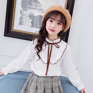 Set đồ gồm chân váy và áo sơ mi tay dài phong cách Hàn Quốc thời trang cho bé gái 4-12 tuổi