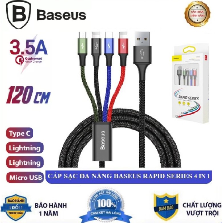 Sạc Đa Năng Chính Hãng 4 Đầu tiện lợi Baseus Rapid (2 Lighning, 1 Type-C, 1 Micro) - BH 12 tháng