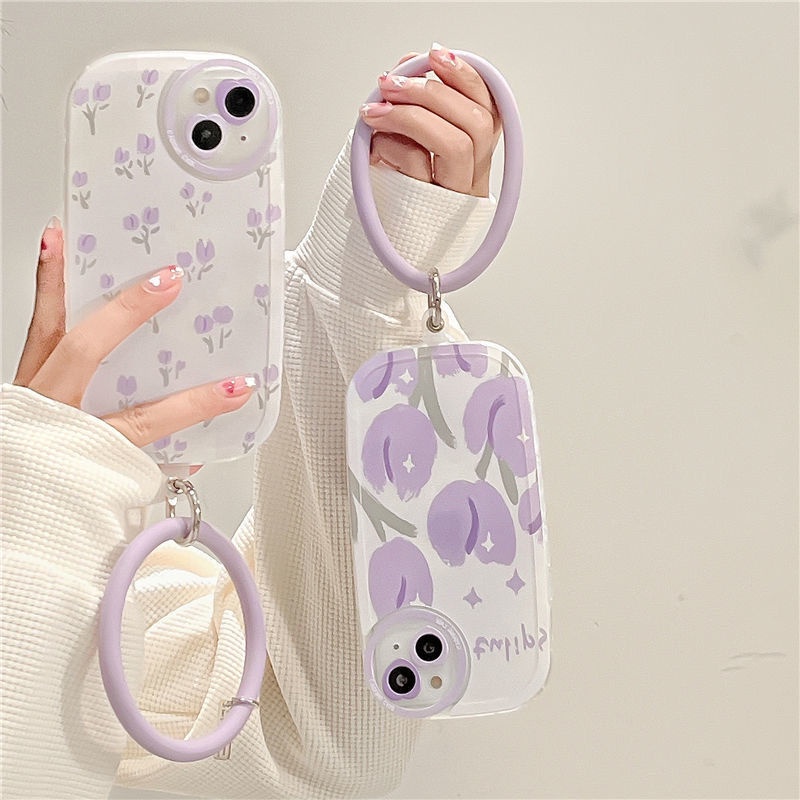 Ốp Điện Thoại Dẻo Họa Tiết Hoa Tulip Tím Xinh Xắn Kèm Vòng Tay Cho iPhone12 Apple 11 xsmax/xr 13promax