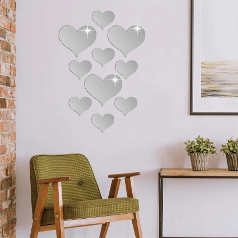 Set 10 Miếng Dán Tường 3D Hình Trái Tim Bằng Acrylic Tráng Gương Tự Dính Có Thể Tháo Gỡ