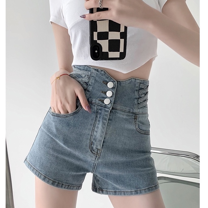 Porozi  Quần Short Jean Nữ Lưng Cao Thời Trang Hàn Quốc