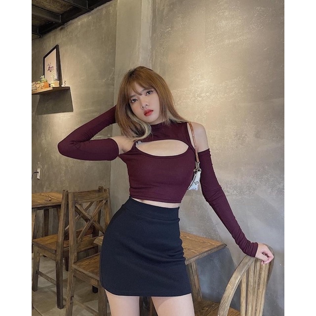 Áo Croptop Khoét Vai Tay Dài  Thun Gân Xịn