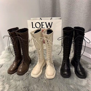 Bốt nữ Ulzzang cổ cao buộc dây da mềm có lót lông đế 3cm