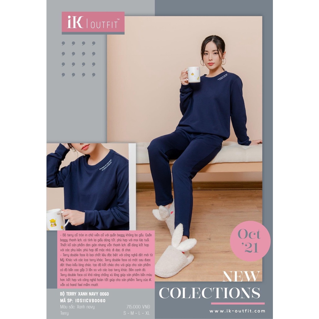 Bộ đồ mặc nhà thu đông IK. SET đồ Terry cổ tròn cao cấp, thiết kế kiểu dáng dài thu đông trơn đơn giản, dễ mặc | BigBuy360 - bigbuy360.vn