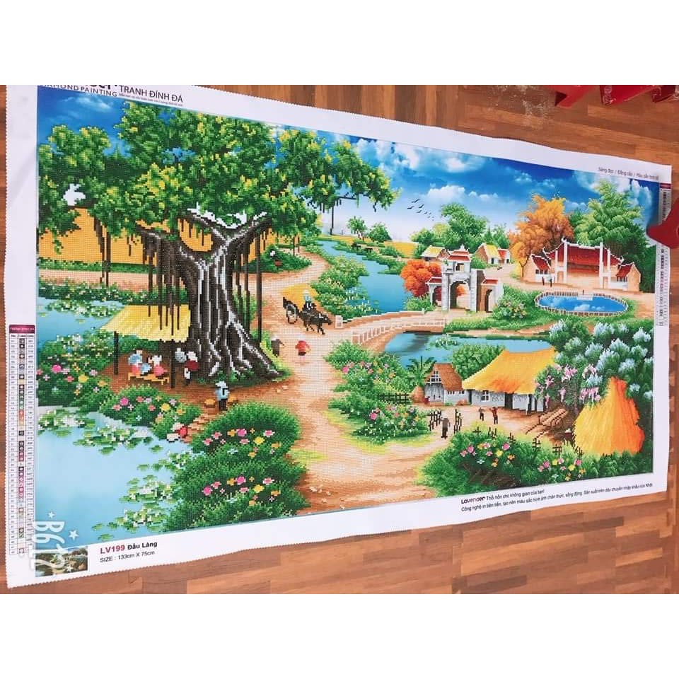 Tranh Đính Đá LÀNG QUÊ THANH BÌNH. Kích Thước: 1m60 x 75cm - 2m x 85cm