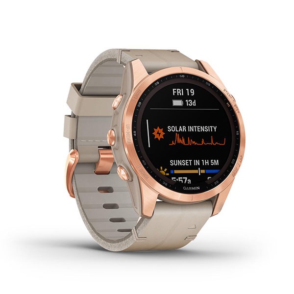 Đồng hồ thông minh Garmin Fenix 7S - Sapphire Solar, Rose Gold Ti with Limestone Leather Band