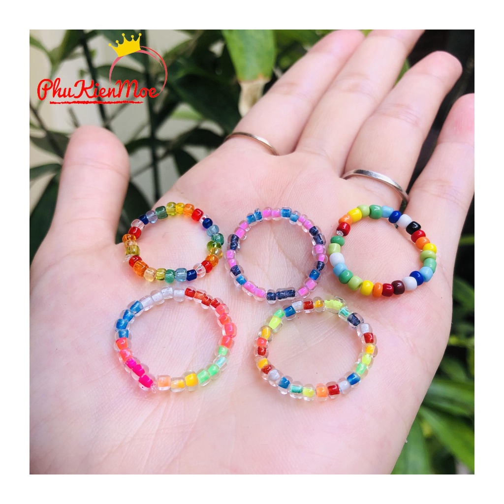 Nhẫn đính hạt nhựa Acrylic hình mặt cười , màu cầu vồng , hình quả cherry phong cách trendy
