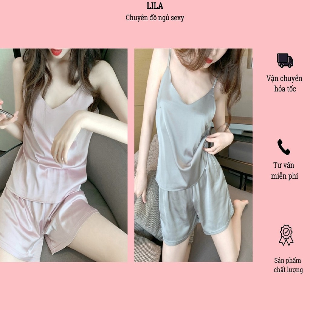 Set quần áo ngủ- mặc ở nhà vải lụa satin cao cấp gồm 2 màu, kín đáo lịch sự thoải mái