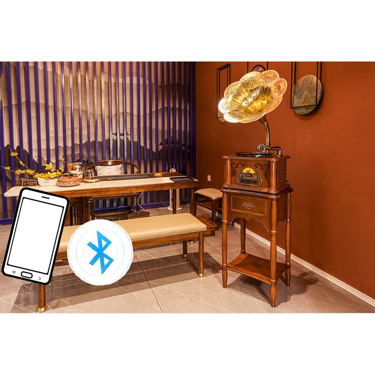 MÁY PHÁT NHẠC LOA KÈN ĐỒNG  NGHE NHẠC QUA ĐĨA THAN BLUTOOTH, USB, ĐÀI FM