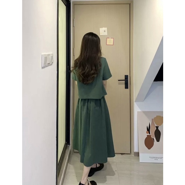 SET ÁO VEST XANH LÁ NÚT + CHÂN VÁY MIDI