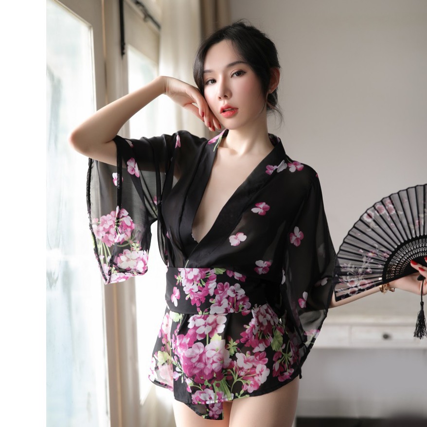 Áo choàng tắm Pyjama voan hoa ngắn tay gợi cảm