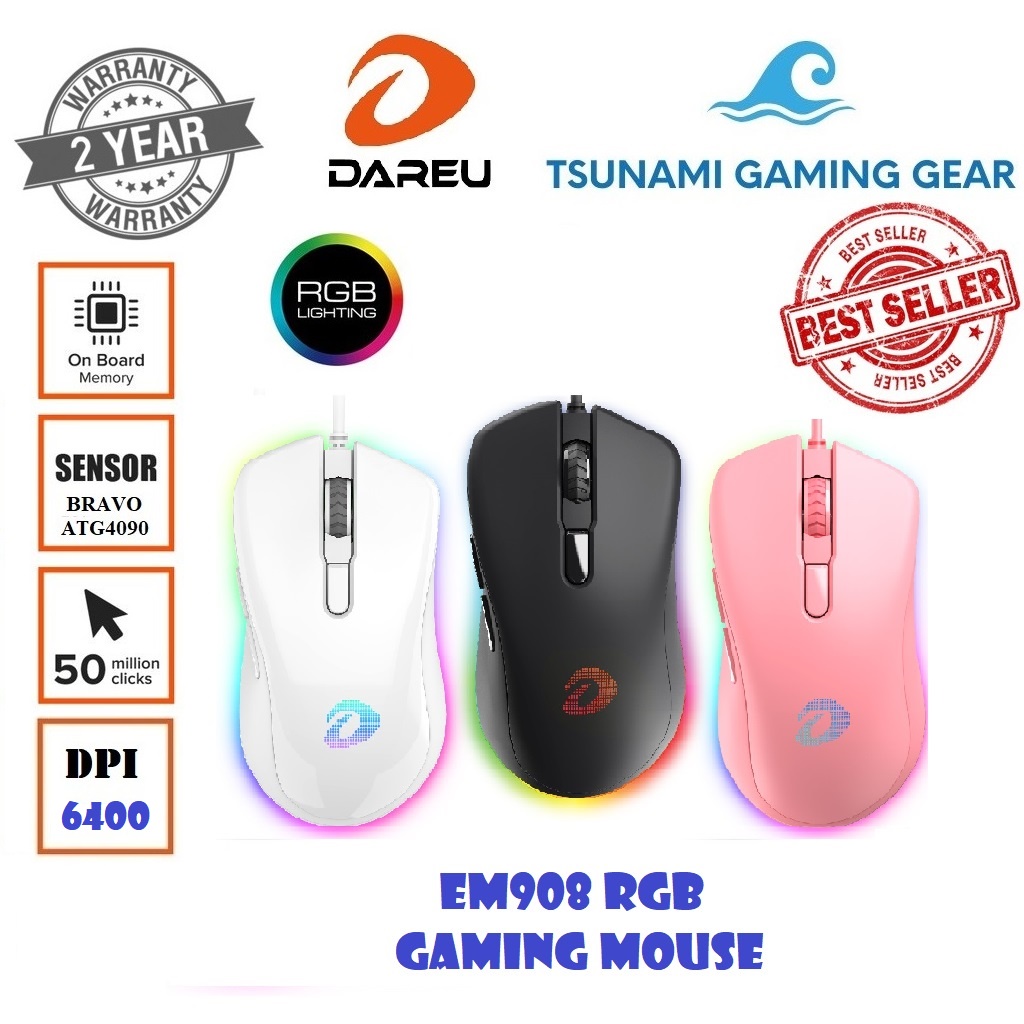 [Mã SKAMSALE03 giảm 10% đơn 200k] Chuột Gaming DAREU EM908 QUEEN PINK/ WHITE/ BLACK (LED RGB, BRAVO sensor) BH 2 năm