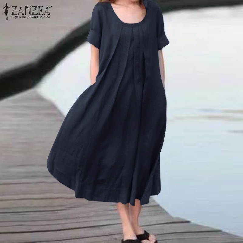 Đầm dài ZANZEA màu trơn cổ tròn xếp ly nhiều màu tùy chọn thời trang cho nữ