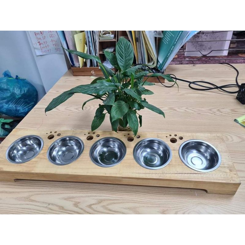 Khay ăn bằng gỗ cho mèo kèm bát