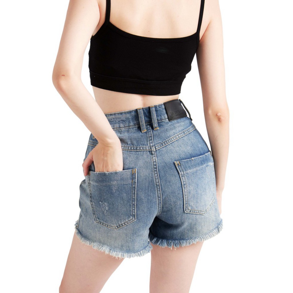 Quần short nữ lưng cao lai tua rua chất jeans cotton cao cấp màu xanh 8073 – Cotonfio
