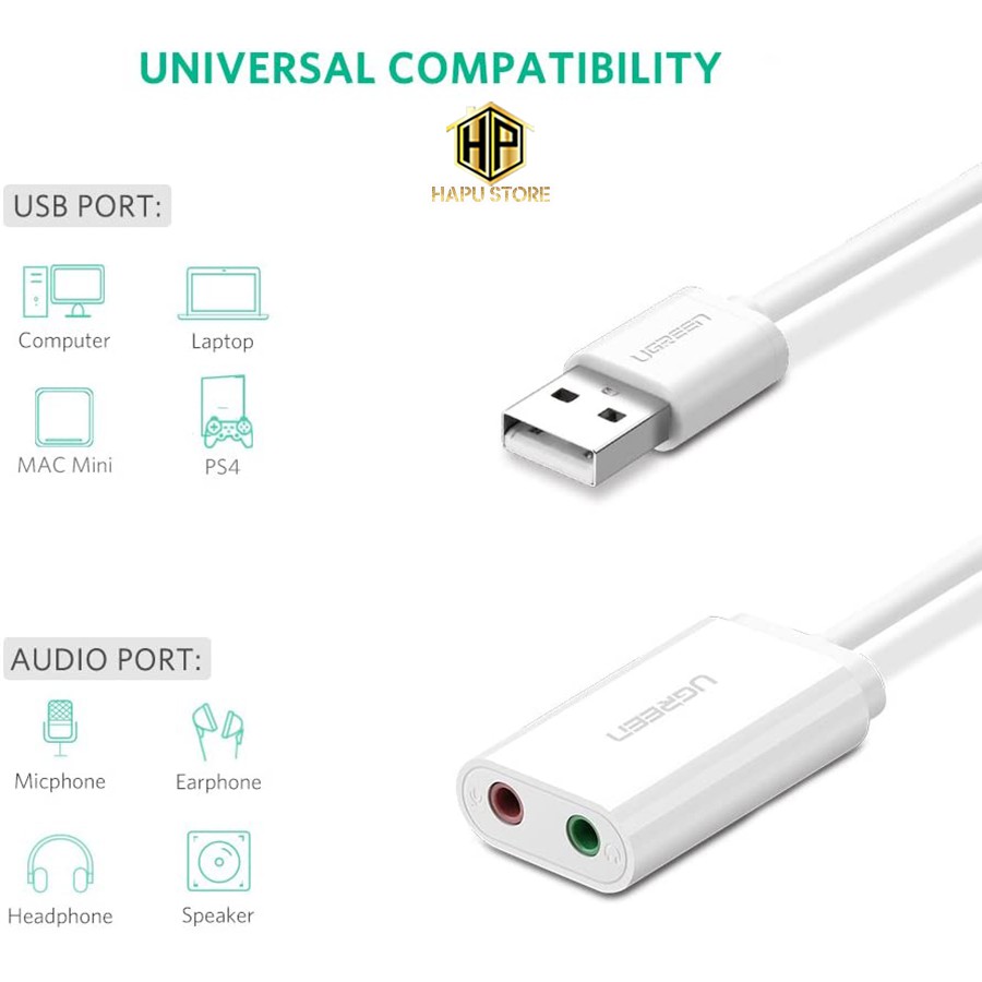 Ugreen 30143 - Cáp chuyển USB ra âm thanh hỗ trợ loa và mic chính hãng