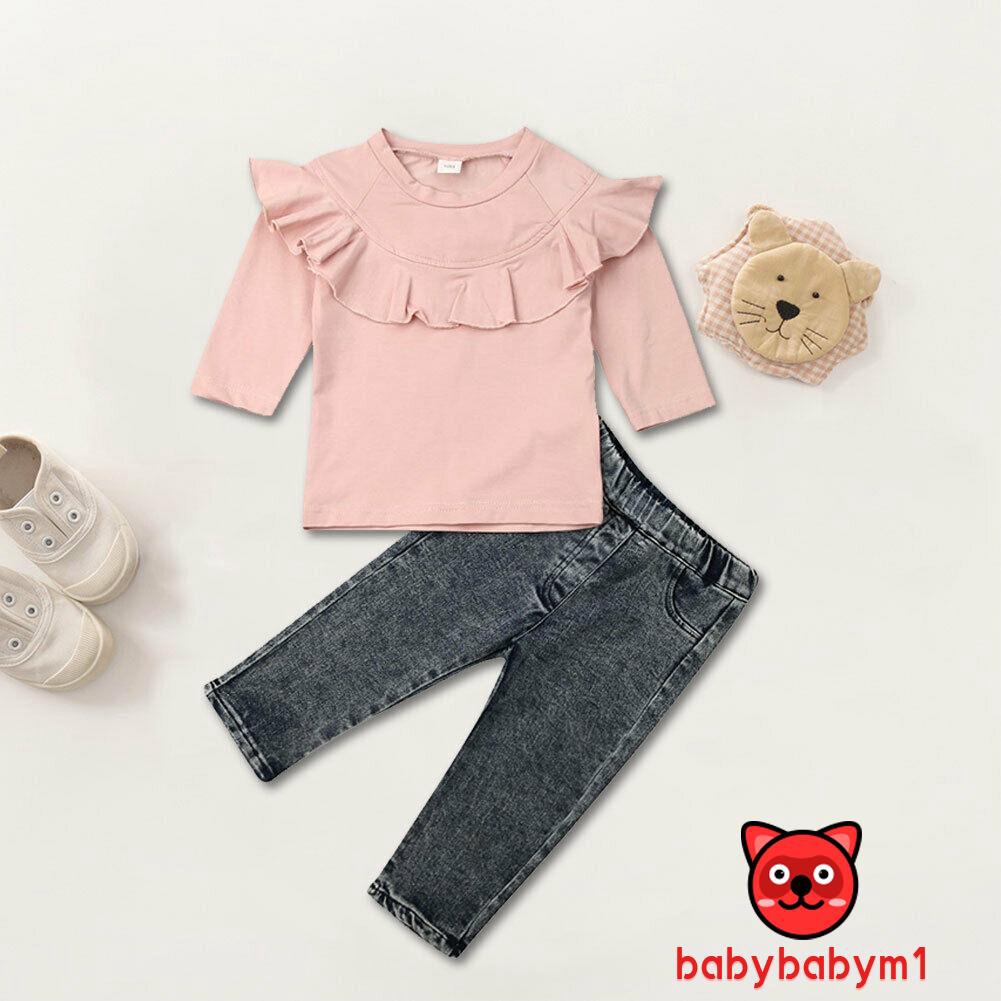 Set áo cotton tay dài pha bèo kèm quần denim dạo phố cho bé gái