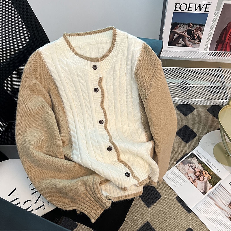 Áo Khoác Cardigan Dệt Kim Màu Sắc Tương Phản Thời Trang Mùa Thu Cho Nữ
