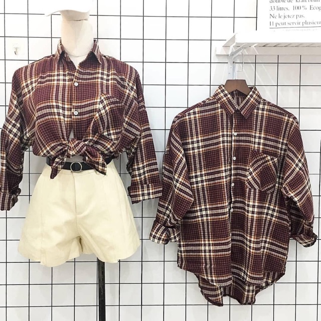 Áo sơ mi oversize caro một túi
