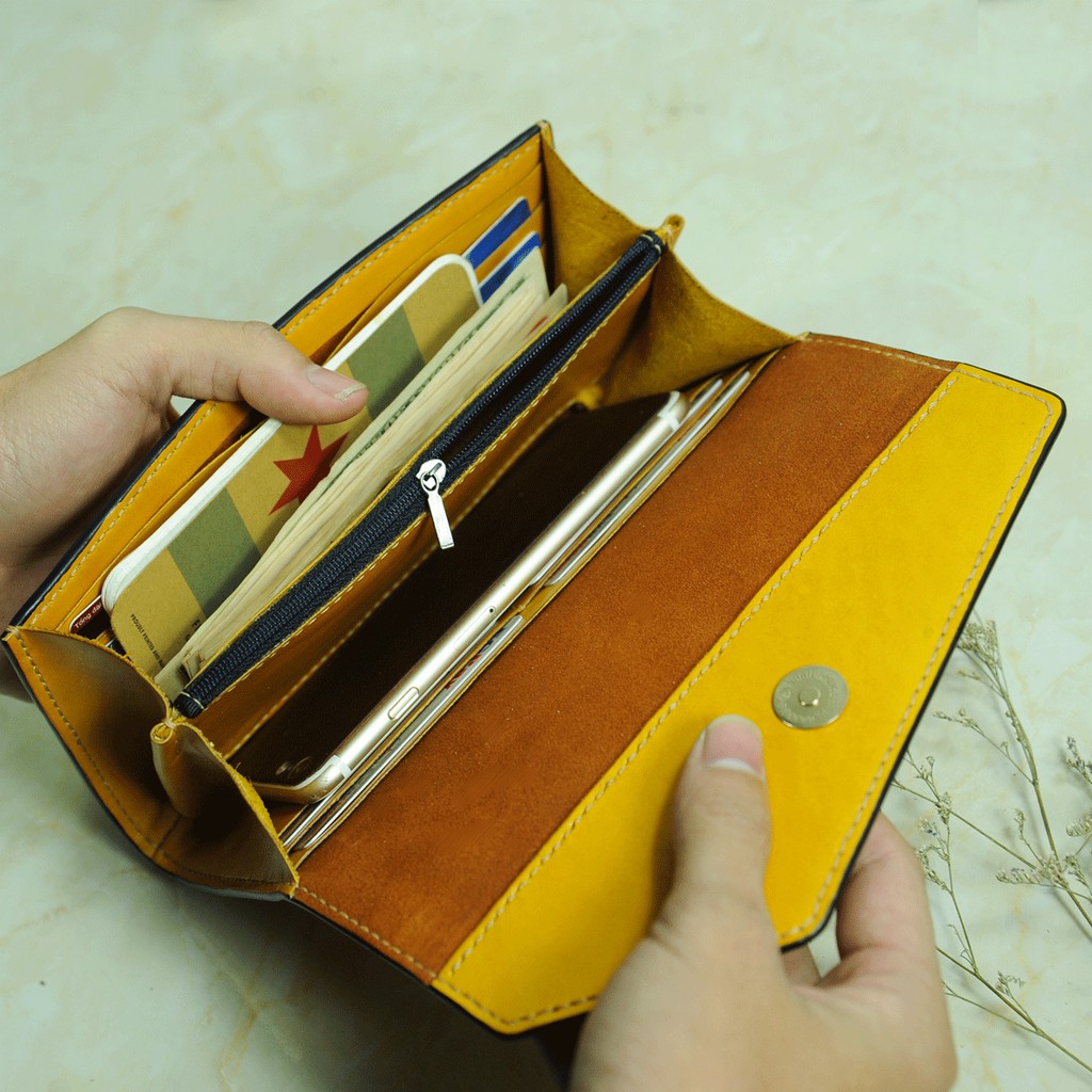 Ví dài cầm tay nữ màu vàng bò- Da bò nhập khẩu - Đồ da Handmade DTV113