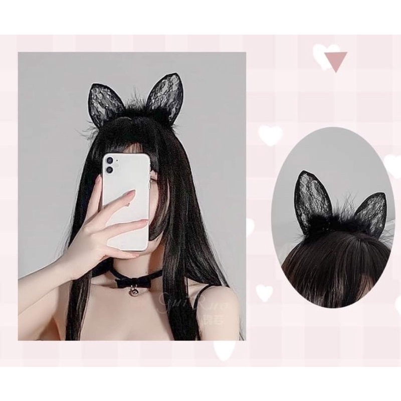 Cài tai mèo ren mix lông vũ cực dễ thương màu sắc đa dạng