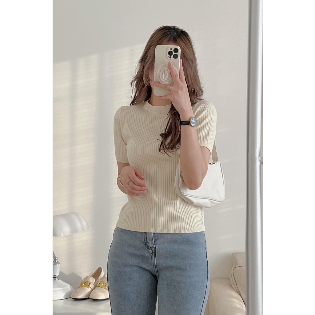 Áo len tăm đũa dáng ôm cộc tay cổ tròn basic