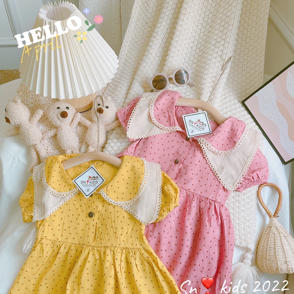 Váy xòe cổ sen bé gái, váy đũi chấm bi cách điệu cổ ren 2 lớp cho bé