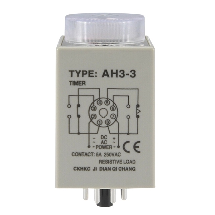 Timer cơ AH3-3 rơ le thời gian 8 chân tròn điện áp 220VAC tặng kèm chân đế PF083A