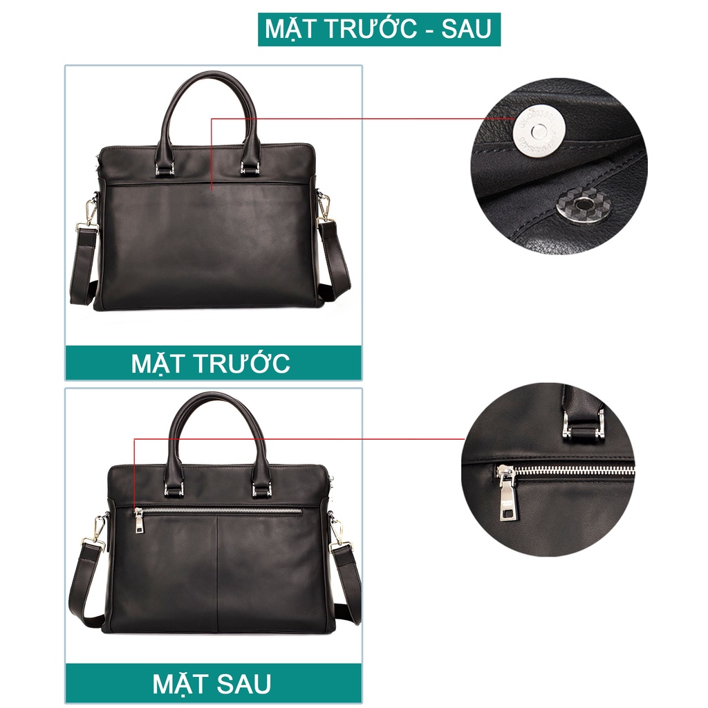 Cặp da cao cấp B101 Bụi Leather, da thật, màu đen, bảo hành 12 tháng