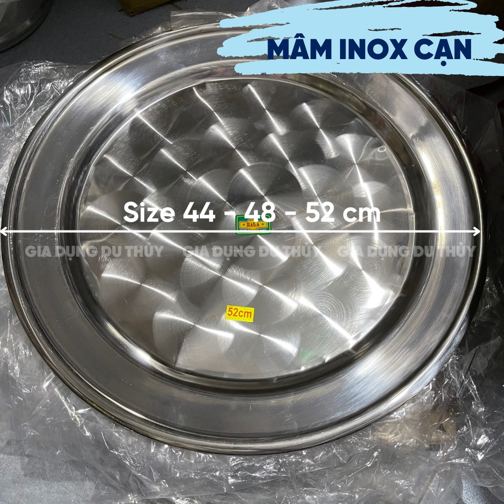 Mâm inox tròn size 44 - 52 cm, dùng làm mâm phục vụ, mâm đựng cơm canh chất liệu inox sáng bóng của gia dụng du thủy