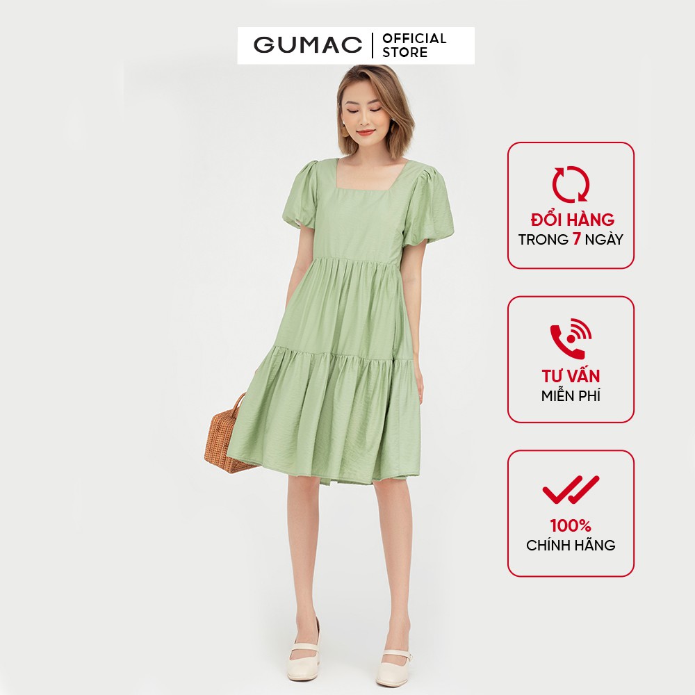 [Mã MABR07062 giảm 8% tối đa 50K đơn từ 249K] Đầm babydoll nữ cổ vuông tầng GUMAC màu xanh dễ thương DB5106