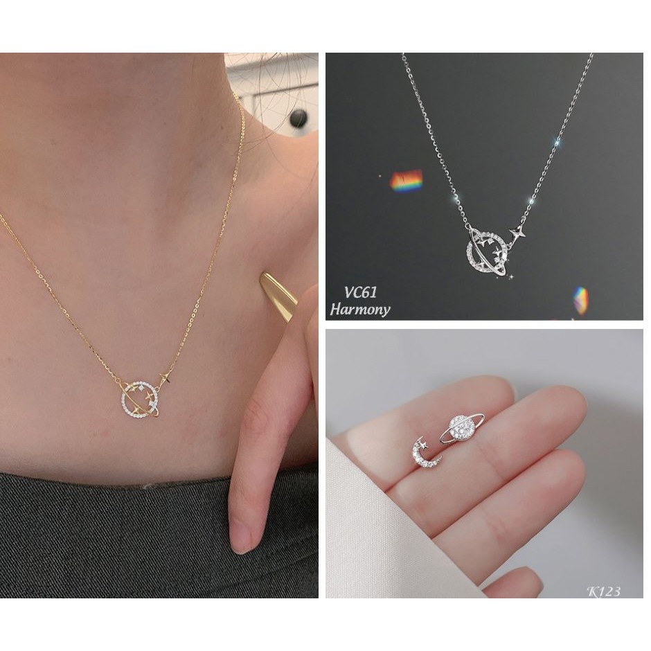 Khuyên tai tròn nữ bạc hình trăng và hành tinh đính đá màu bạc và vàng Galaxy 3 | HARMONY ACCESSORIES K123